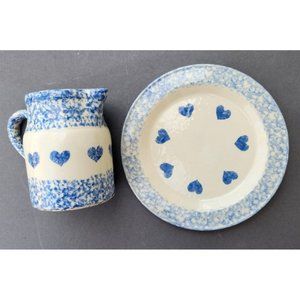 Friendship Pottery Roseville Ohio Blue Spongeware Heart Pitcher Unmarked Plate